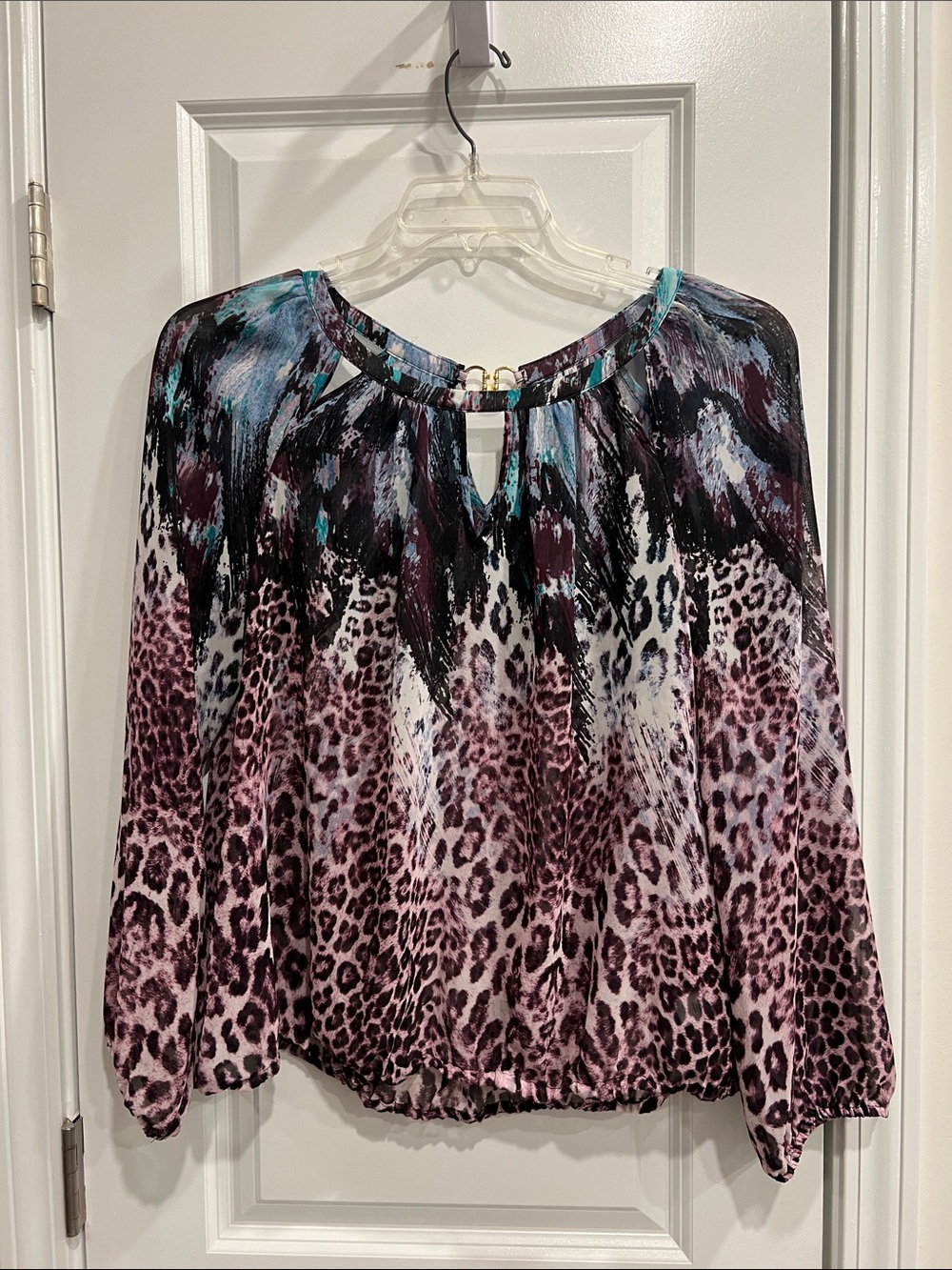 Jennifer Lopez Pink and Teal Leopard Print Keyhole Blouse